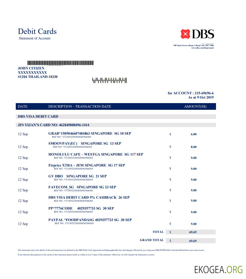 Modèle de relevé de preuve d'adresse de la banque DBS de Thaïlande au format Word et PDF